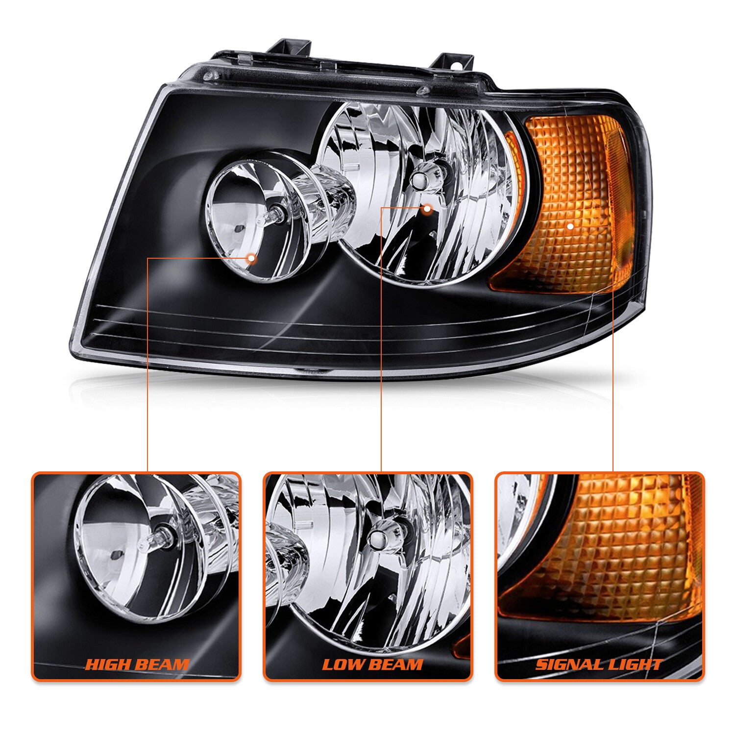For 2003-2006 Ford Expedition Headlight Black Amber Housing Left+Right W/Bulbs