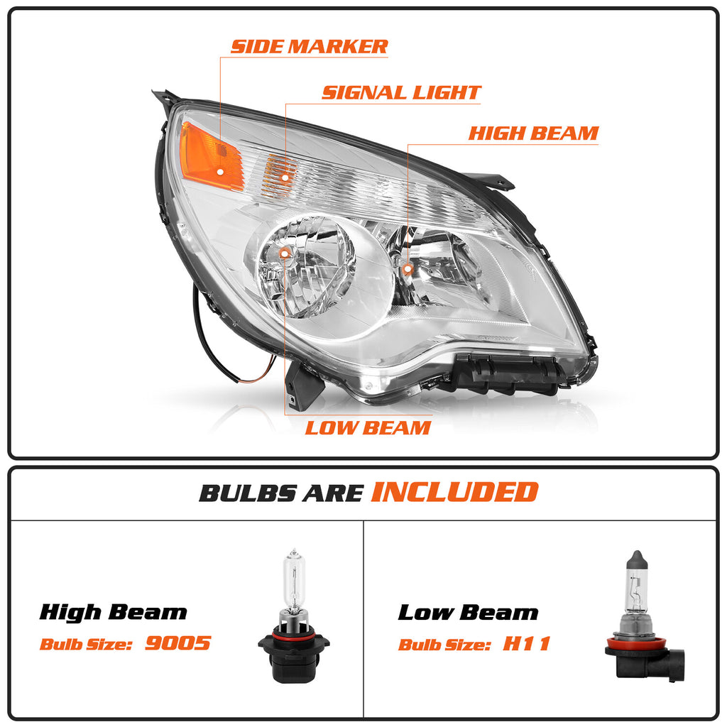 Halogen Chrome Headlights For 2010-2015 Chevy Equinox Passenger Right w/ Bulb