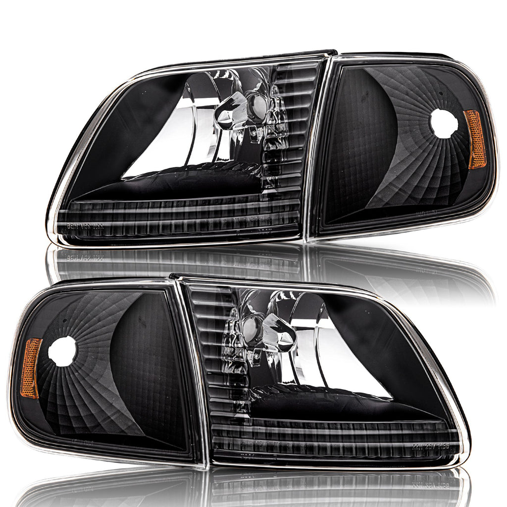 For 1997-2003 Ford F150 97-02 Expedition Black Housing Amber Headlights Assembly