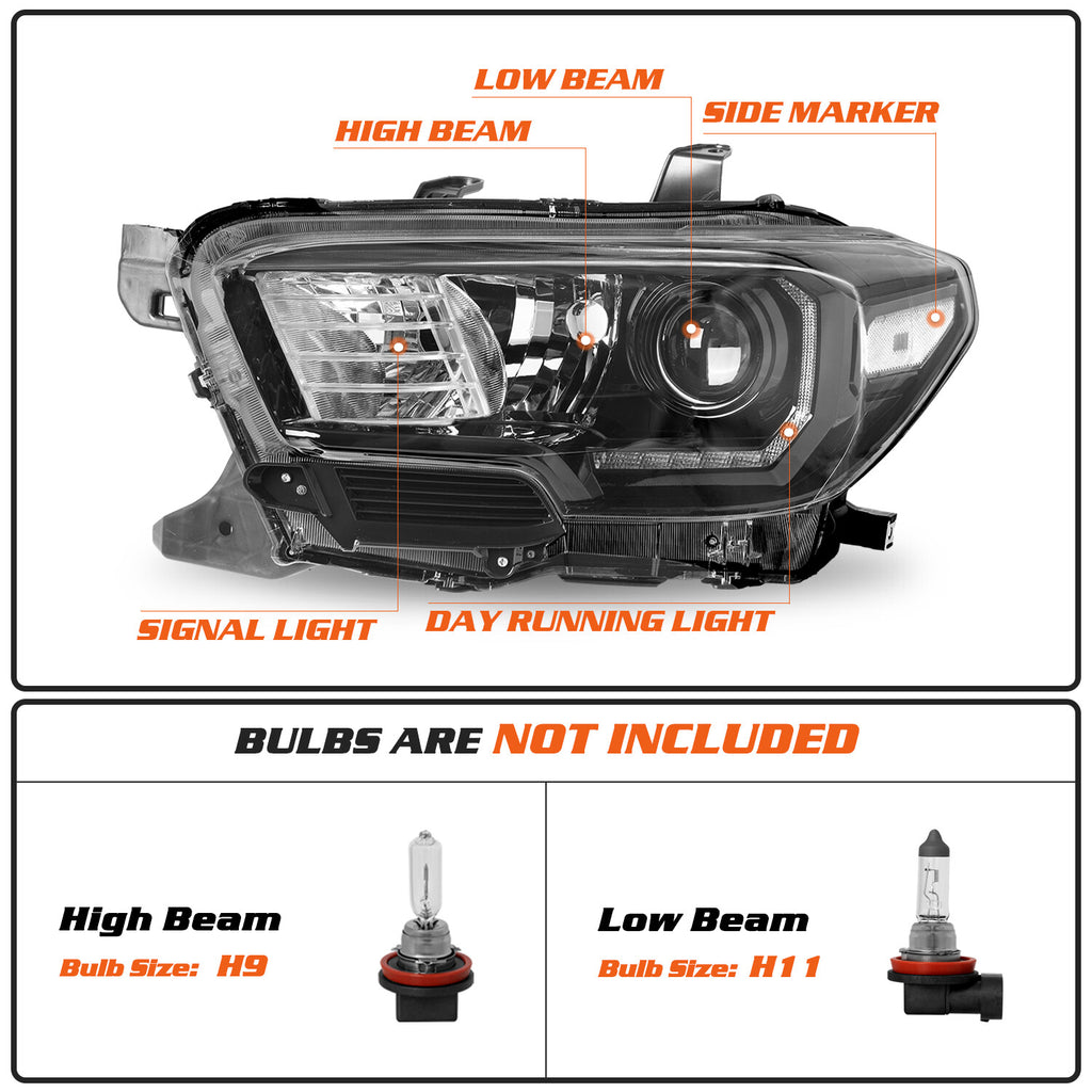 For 2016-2022 Toyota Tacoma TRD LED DRL Black Headlights Assembly LH+RH