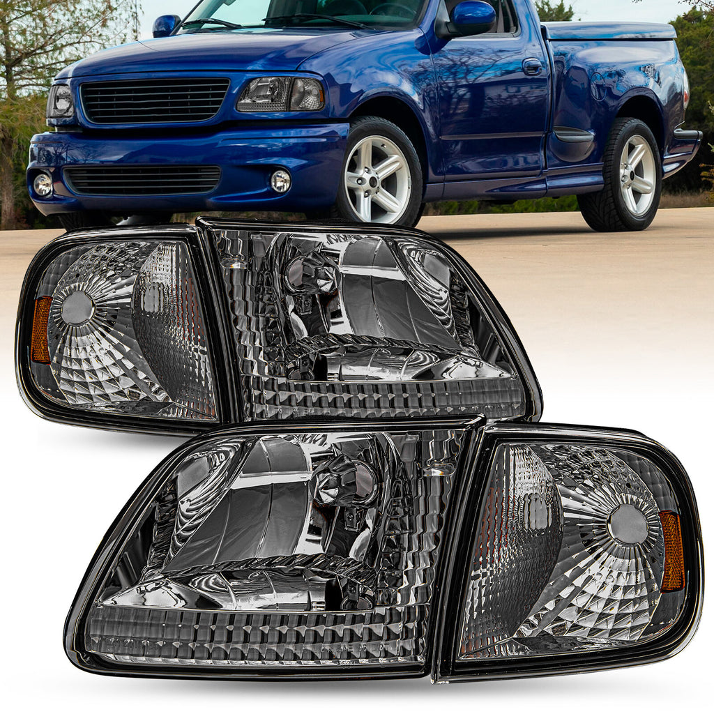For 97-02 Expedition Ford 97-03 F150 Smoke Housing Amber Corner 4Pcs Headlights