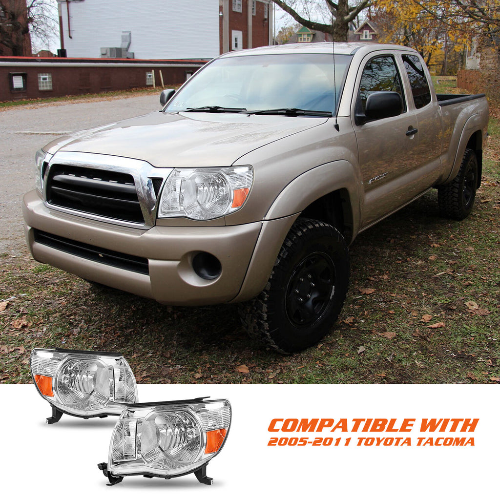 For 2005-2011 Toyota Tacoma Chrome Headlights Assembly Amber L+R Lamps Pair