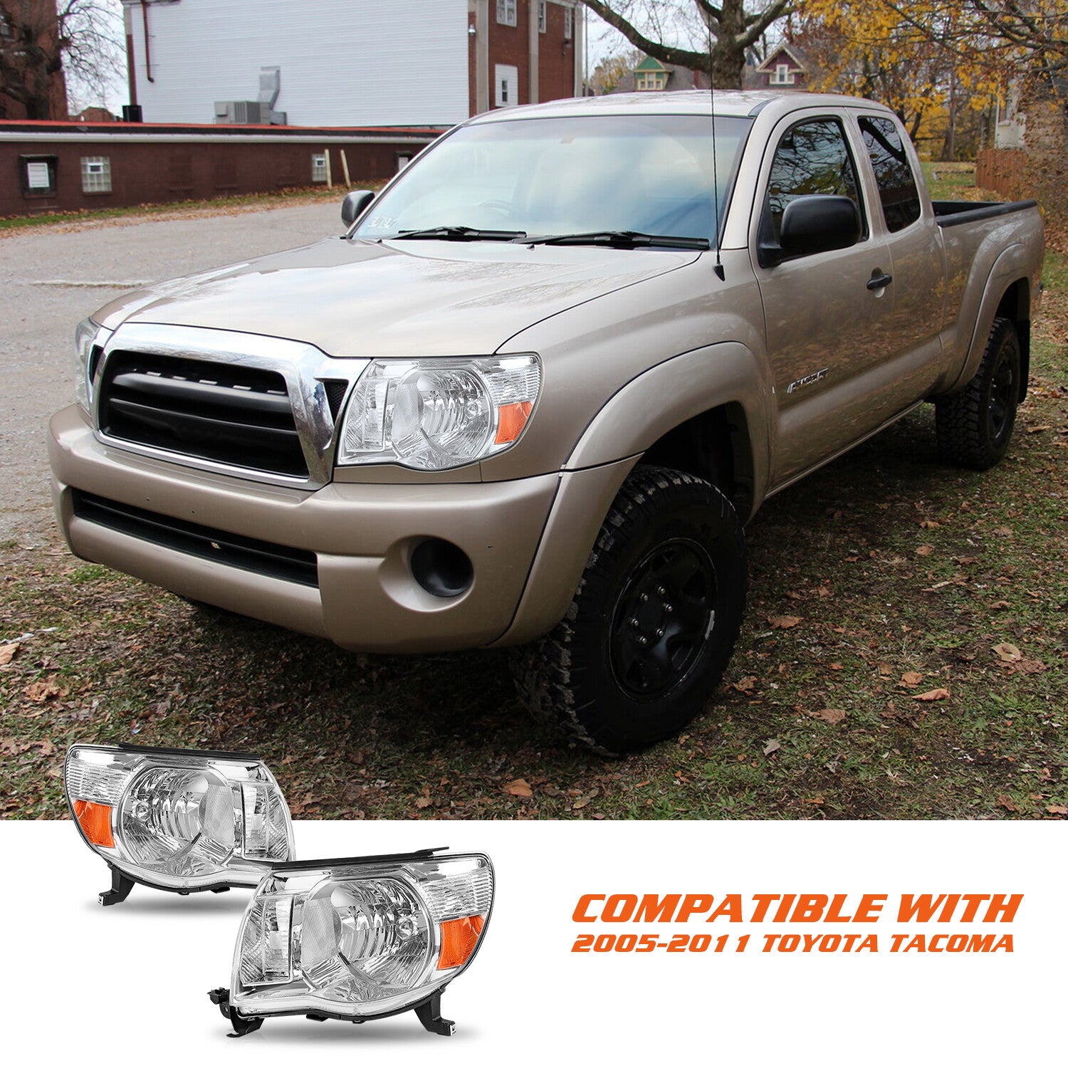 For 2005-2011 Toyota Tacoma Chrome Headlights Assembly Amber L+R Lamps Pair