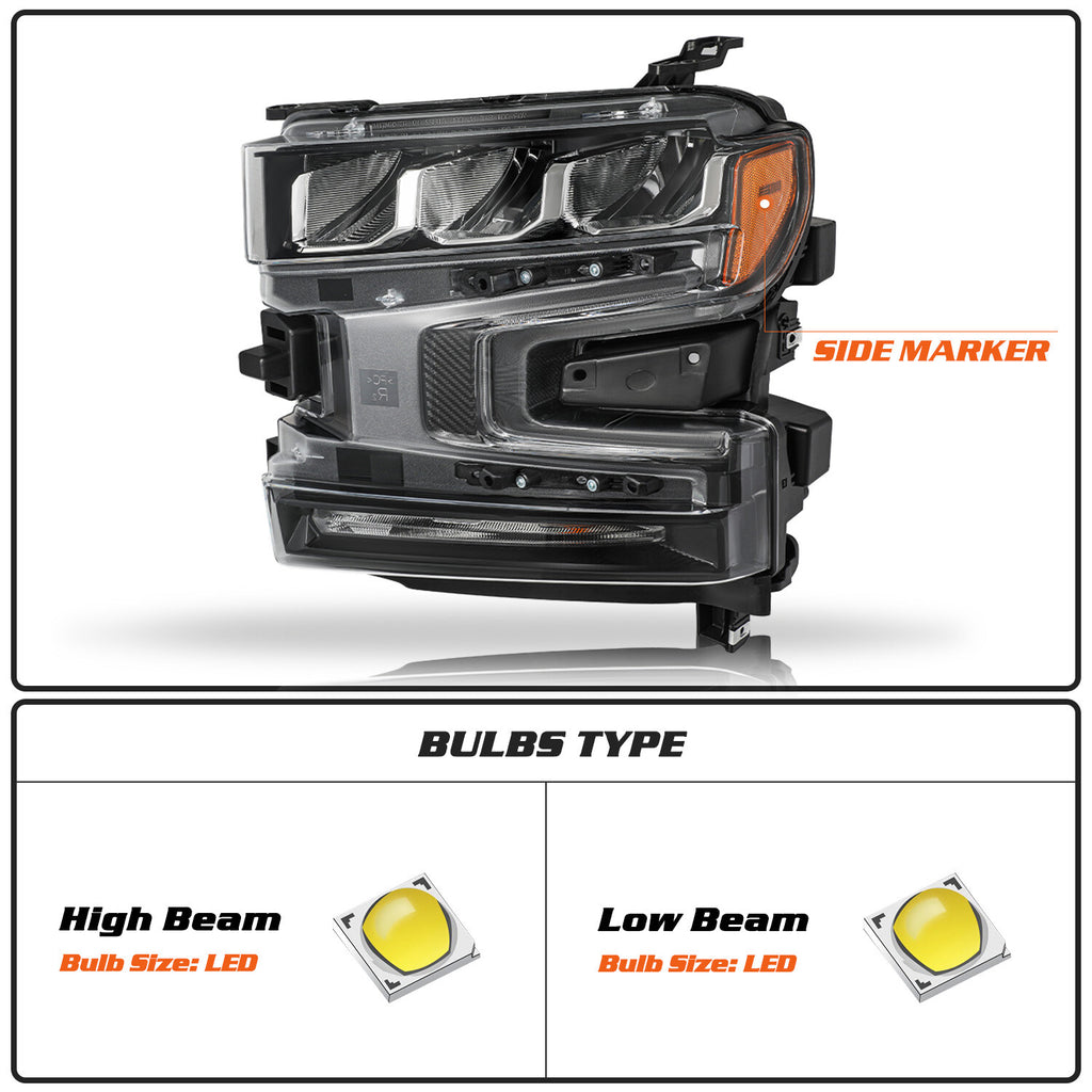 LED Headlight Left Driver Side For 2019 2020 2021 Chevy Silverado 1500 Headlamp