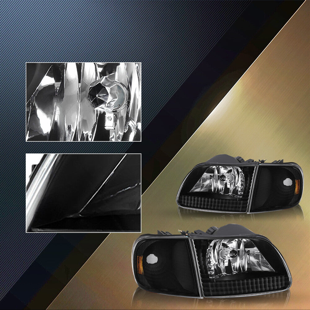 For 1997-2003 Ford F150 Expedition Black Headlights+Corner Signal Lamps W/Bulbs