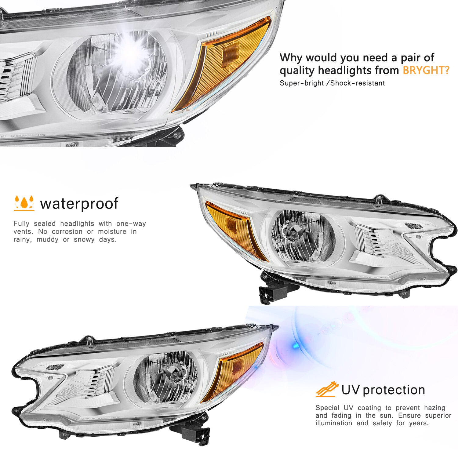 For 2012 2013 2014 Honda CR-V Chrome Headlights Assembly Amber Corner Lamps Pair
