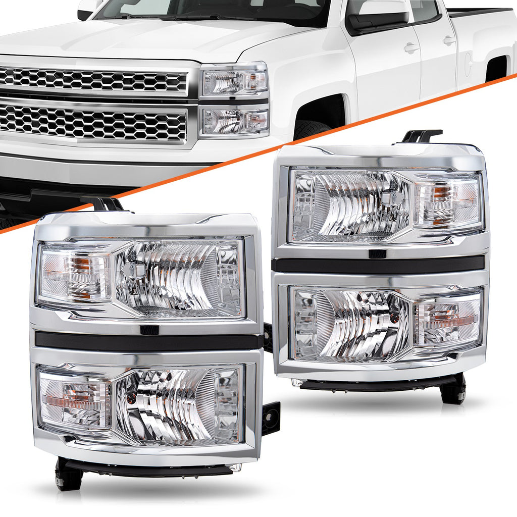 Chrome Headlights For 2014-2015 Chevy Silverado 1500 Headlamps Assembly Sets