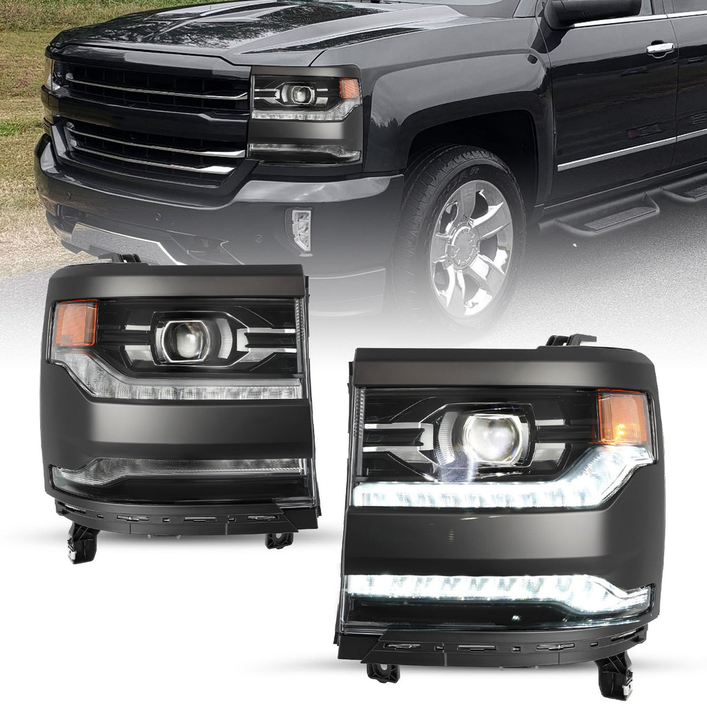 FULL LED Black Projector Headlights For 2016-2018 Chevy Silverado 1500 Headlamps