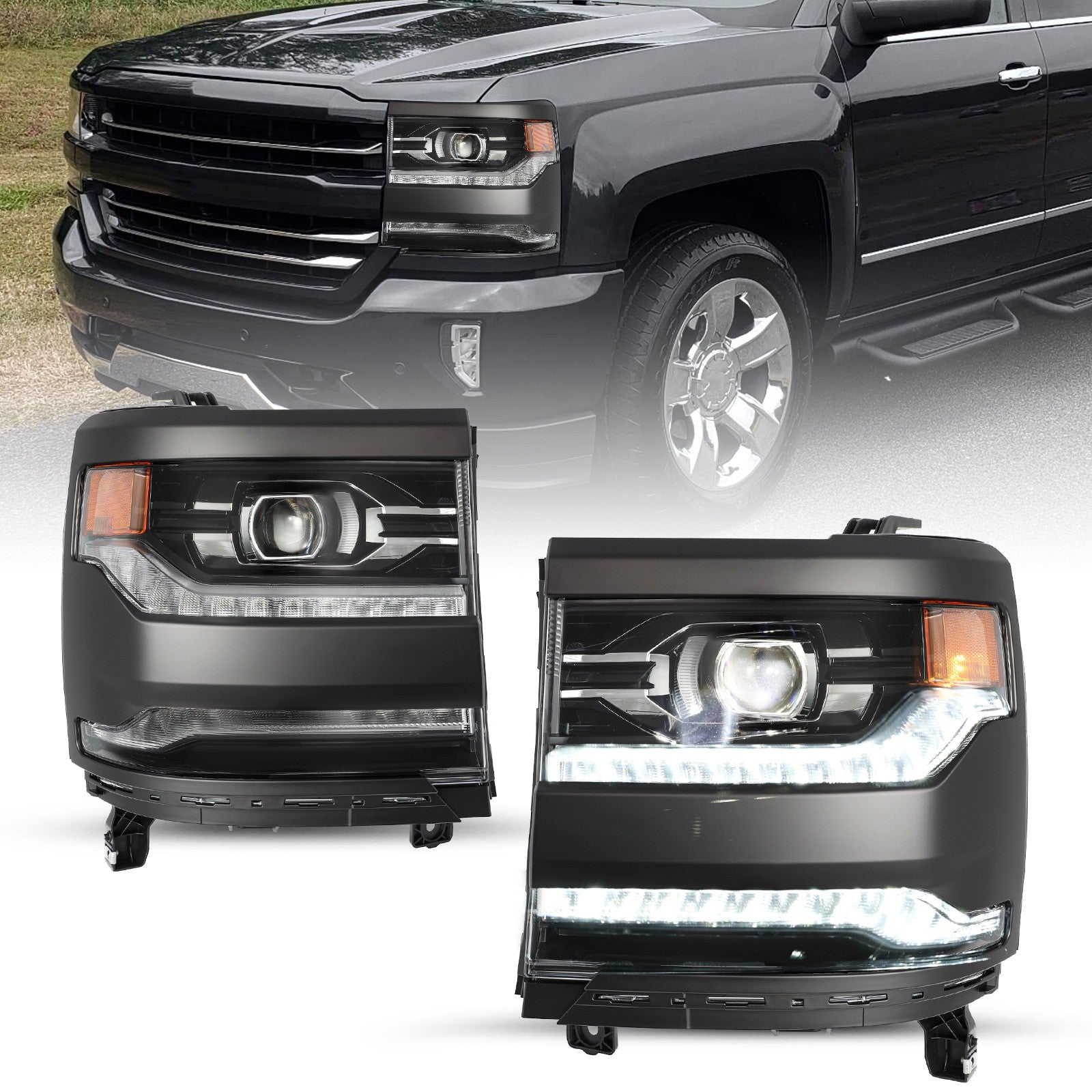 FULL LED Black Projector Headlights For 2016-2018 Chevy Silverado 1500 Headlamps
