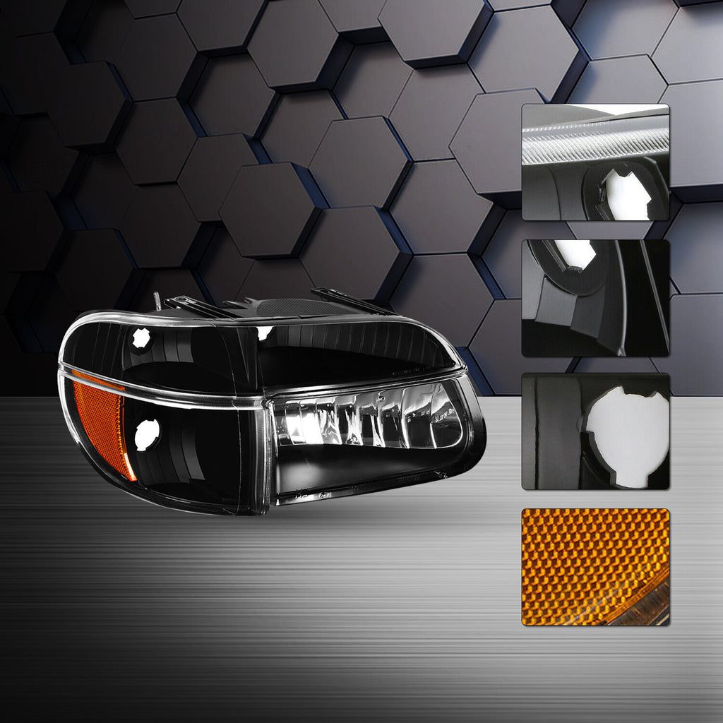 For 1995-2001 Ford Explorer Black Housing Amber Corner Headlights Lamps W/Bulbs