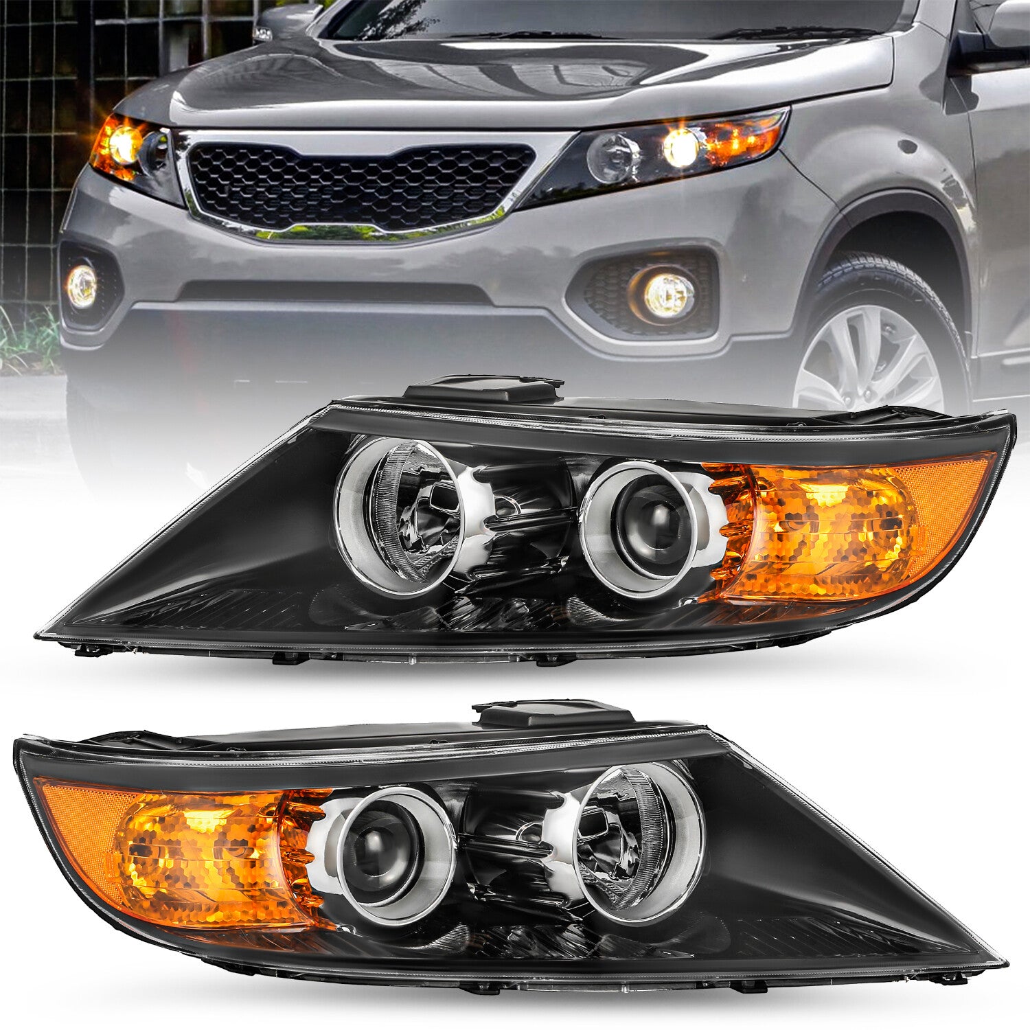 For 2011 2012 2013 Kia Sorento Halogen Black Amber L+R Pairs Headlight assembly