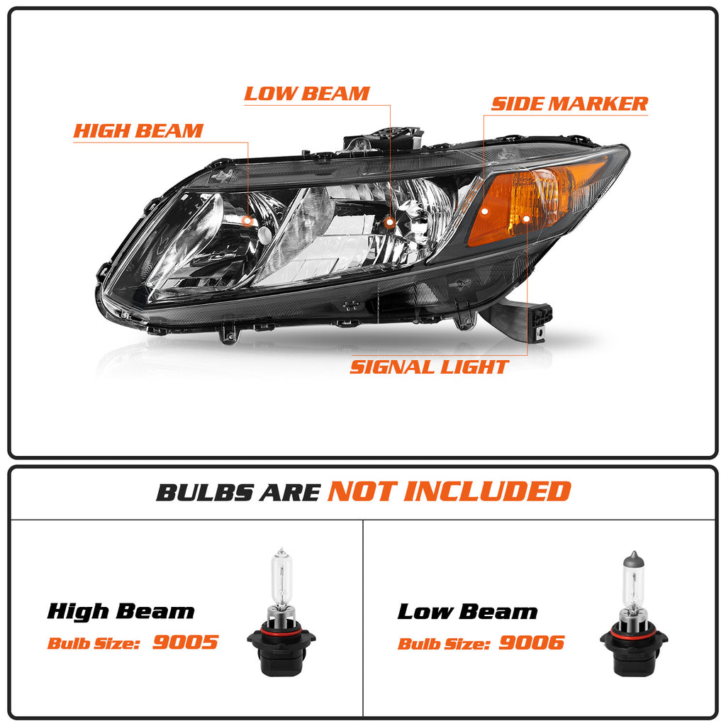 For 12-15 Honda Civic Sedan 2012-2013 Coupe Black Amber Headlights Assembly