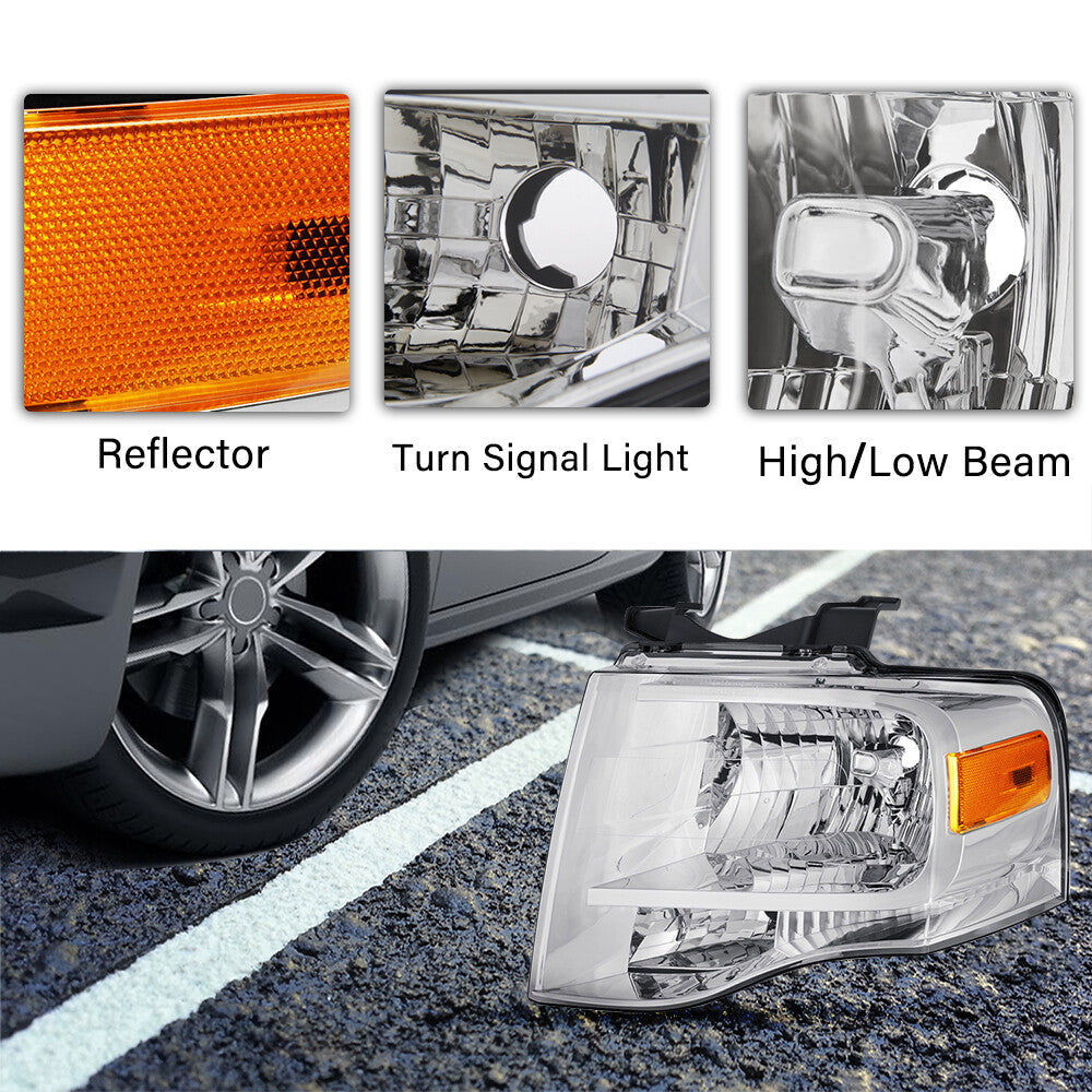 For 2007-2014 Ford Expedition Chrome Headlights Replacement Headlamps w/Bulbs