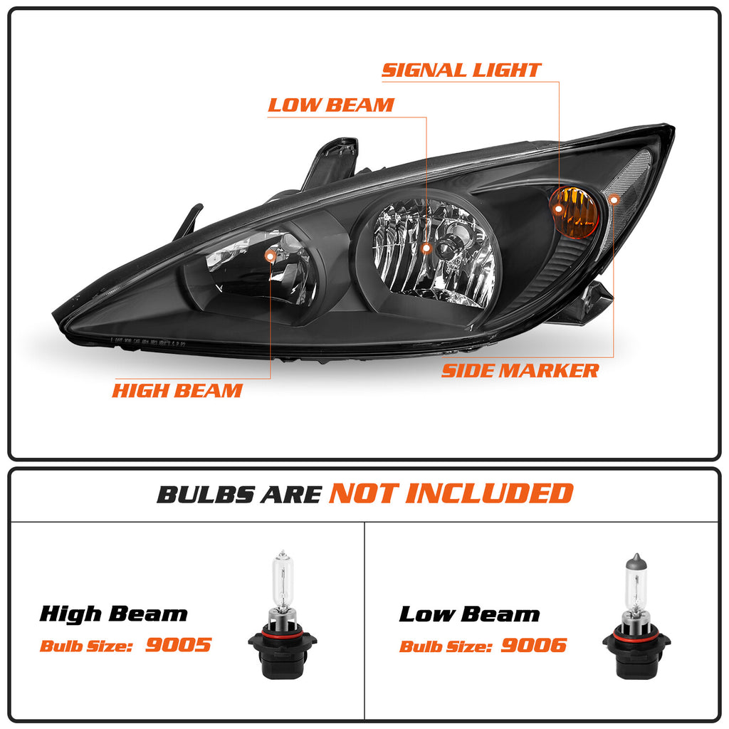 Black Clear Reflector Headlights Lamps Assembly LH RH For 2002-2004 Toyota Camry