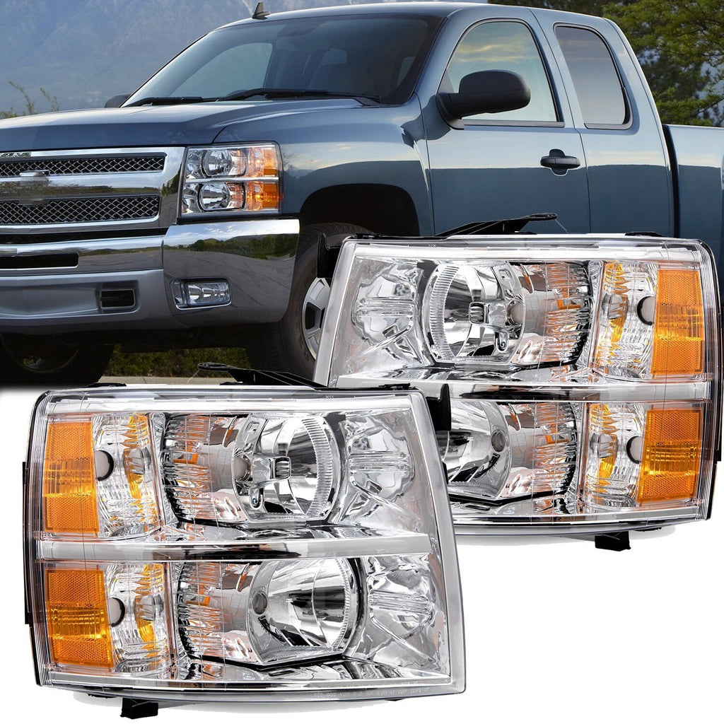 For 2007-2014 Chevy Silverado 1500 2500HD 3500HD Chrome Housing Headlights LH+RH
