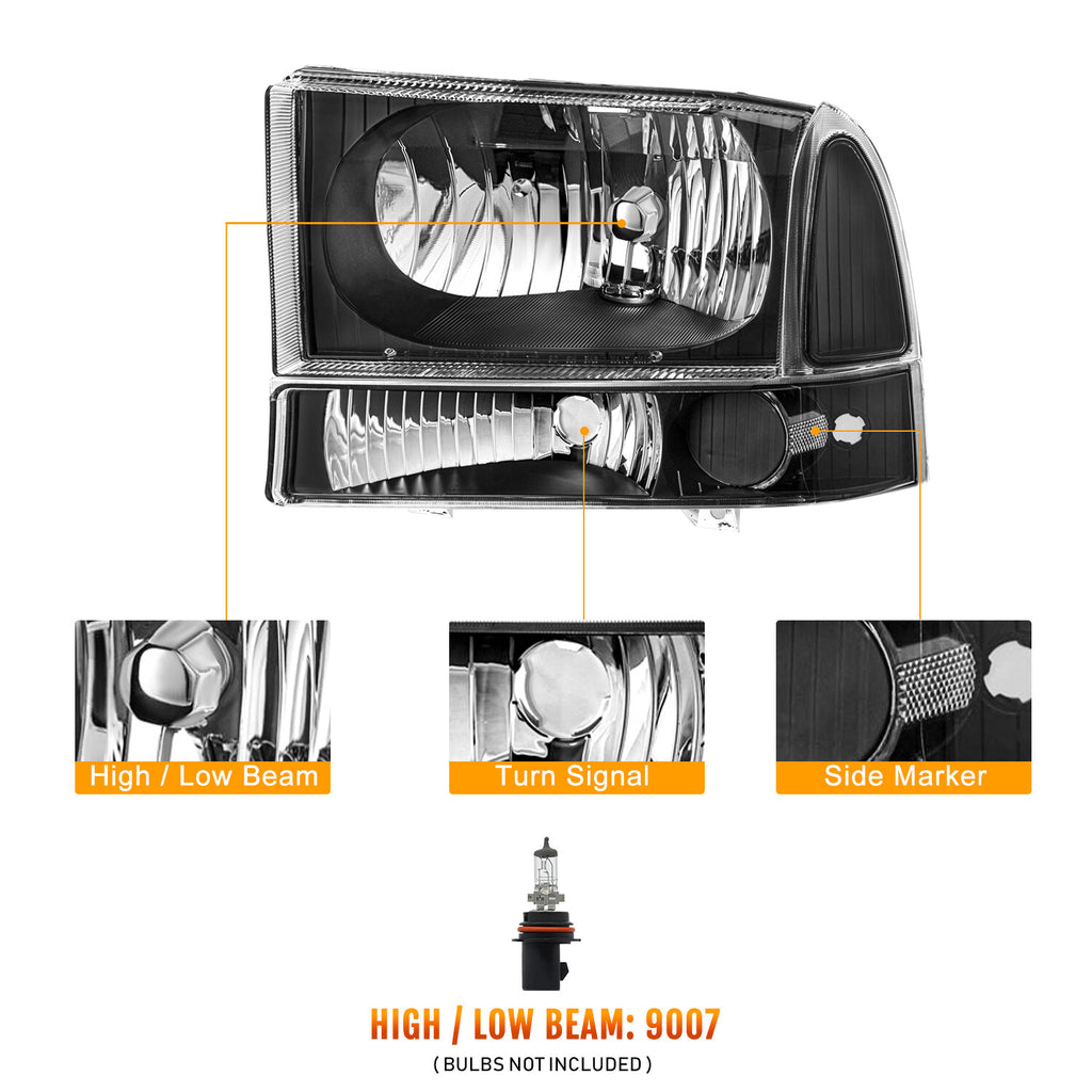 For 1999-2004 Ford Super Duty F250/350/450/550/ 00-04 Excursion Headlight 4Pcs