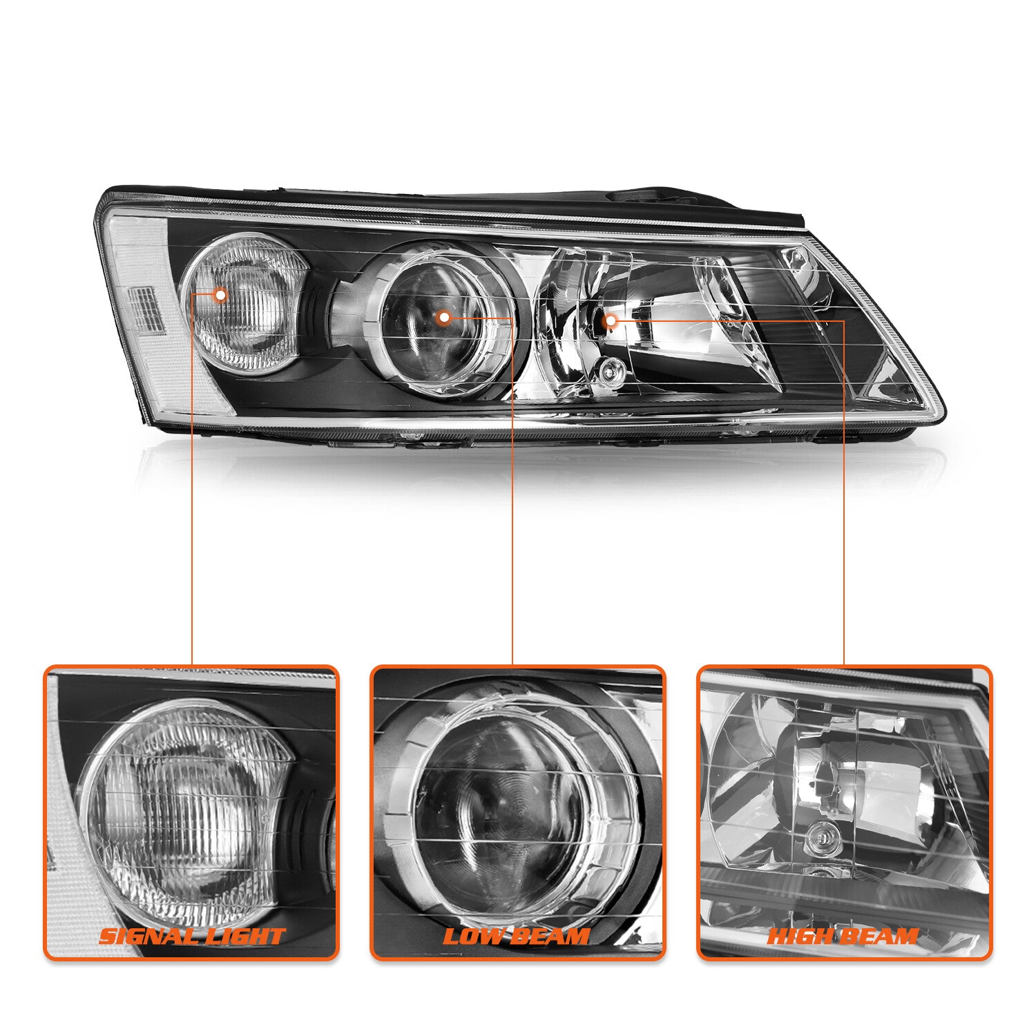 For 06-08 Hyundai Sonata Left & Right Black Pairs Headlights Assembly Headlamps