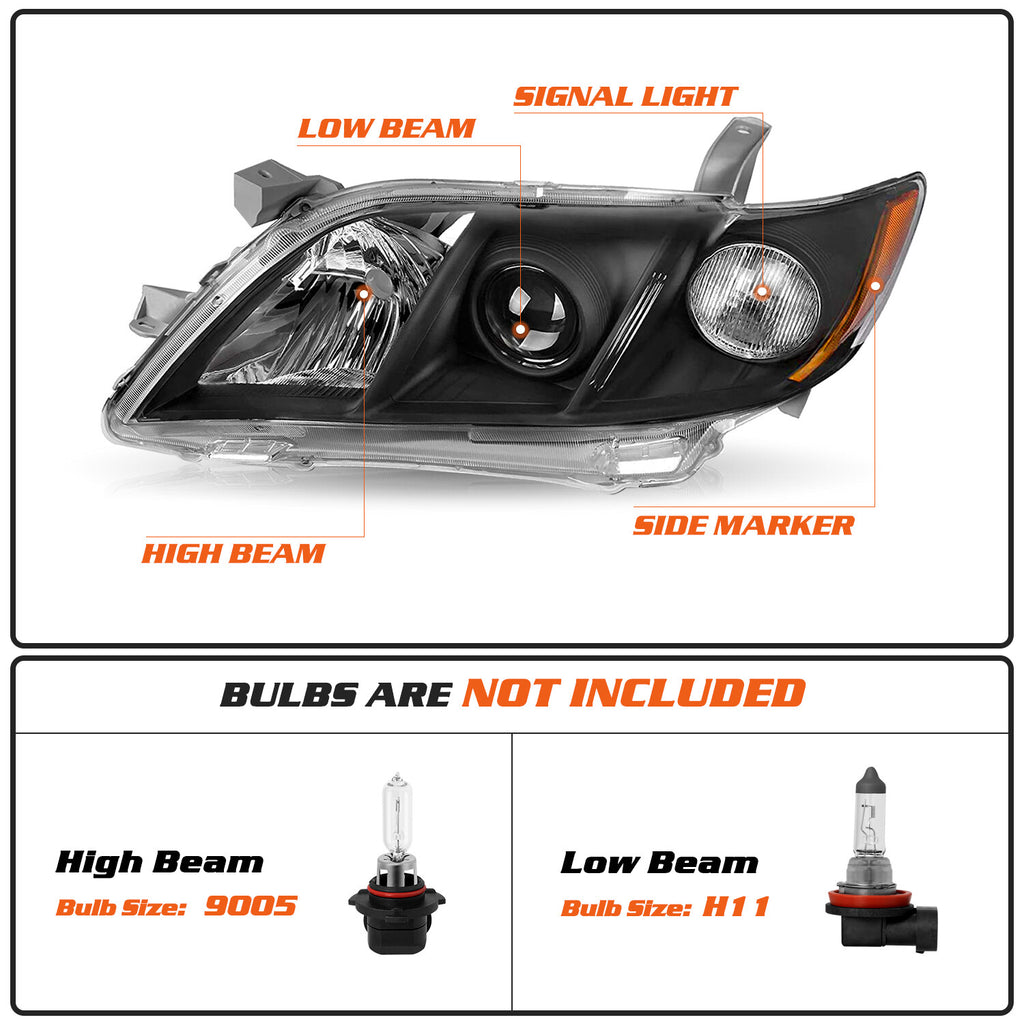 FOR 2007 2008 2009 TOYOTA CAMRY BLACK HOUSING AMBER CORNER PROJECTOR HEADLIGHTS