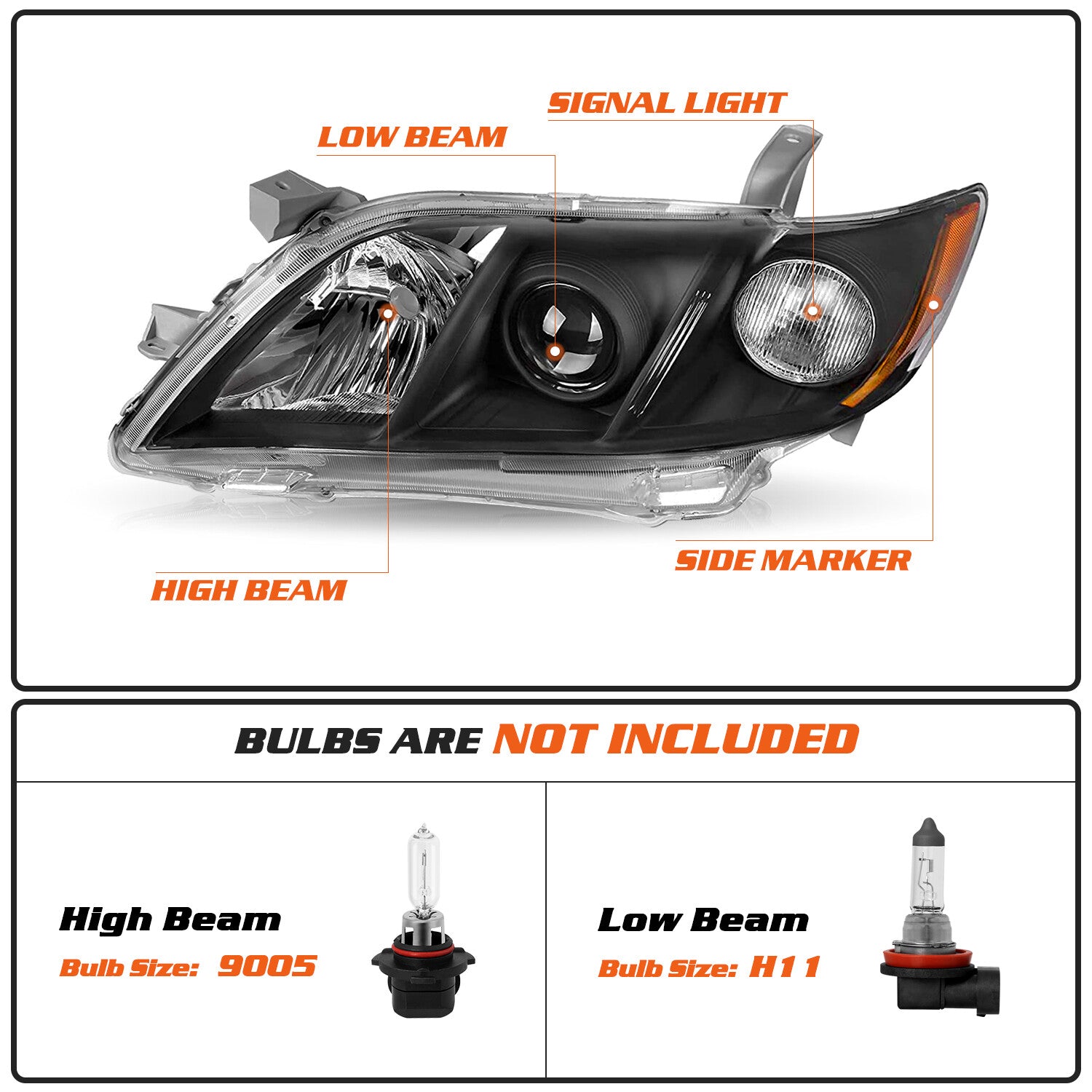 FOR 2007 2008 2009 TOYOTA CAMRY BLACK HOUSING AMBER CORNER PROJECTOR HEADLIGHTS