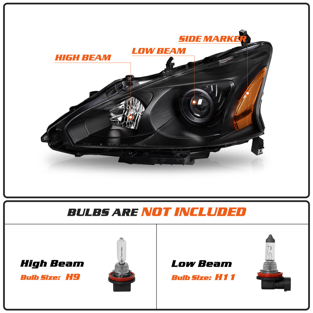For 2013-2015 Nissan Altima 4-Door Sedan Black Projector Headlights Lamps Pair