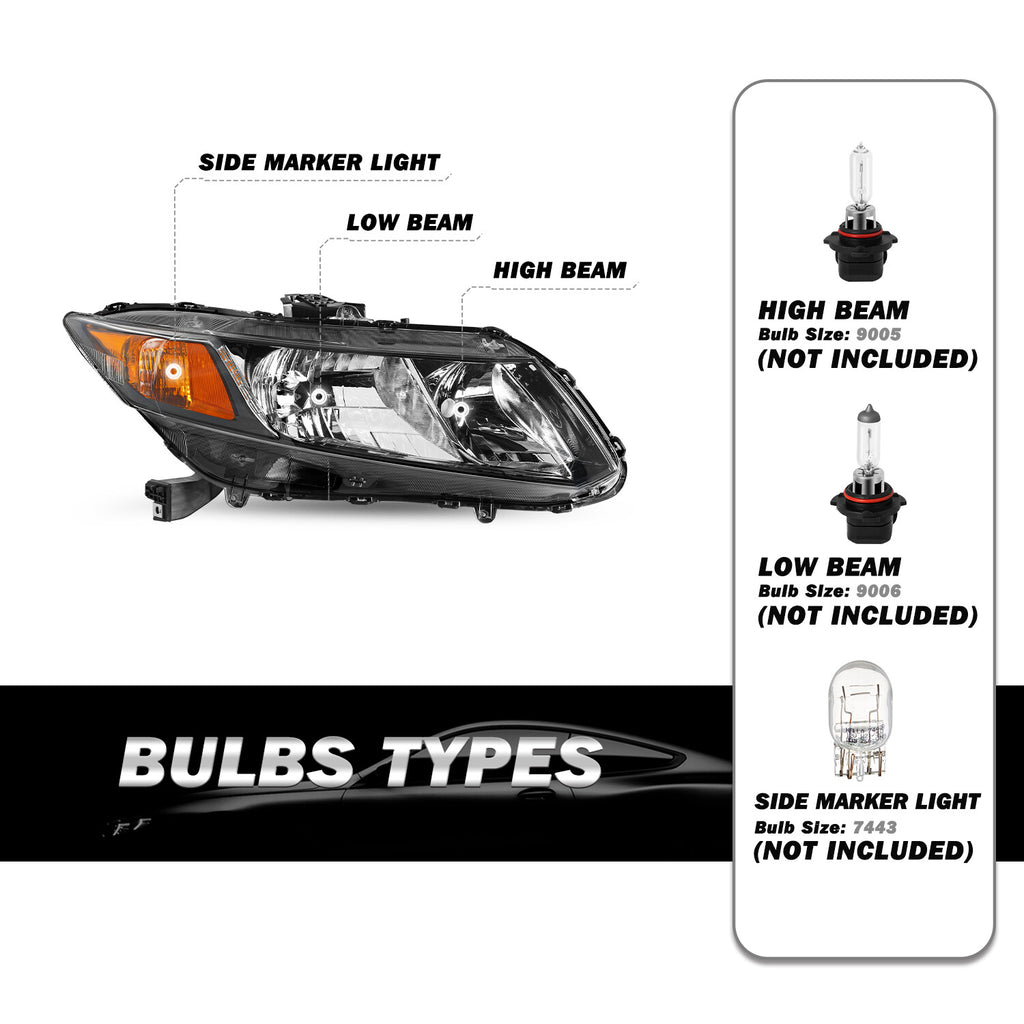 [Factory Style] For 2012-2015 Honda Civic Sedan 12-13 Coupe Right Side Headlight
