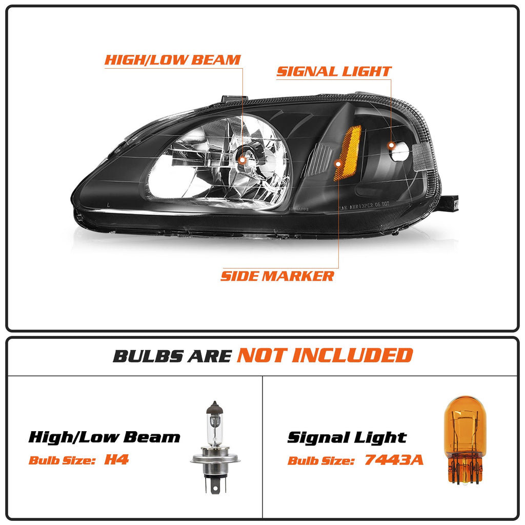 For 1999-2000 Honda Civic EK Black Amber Corner Headlights Assembly Left+Right