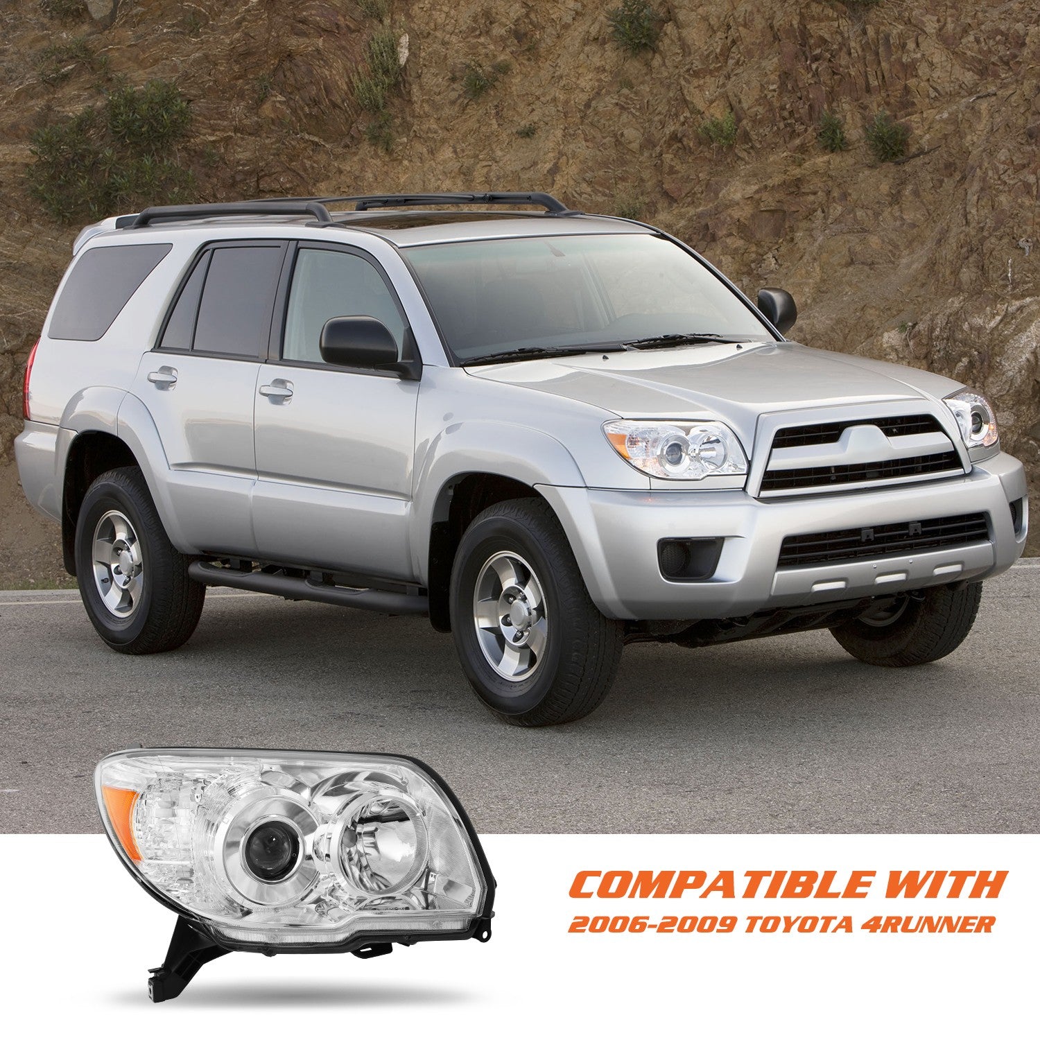 For 2006-2009 Toyota 4Runner Chrome Headlights Amber Corner Headlamps Right Side