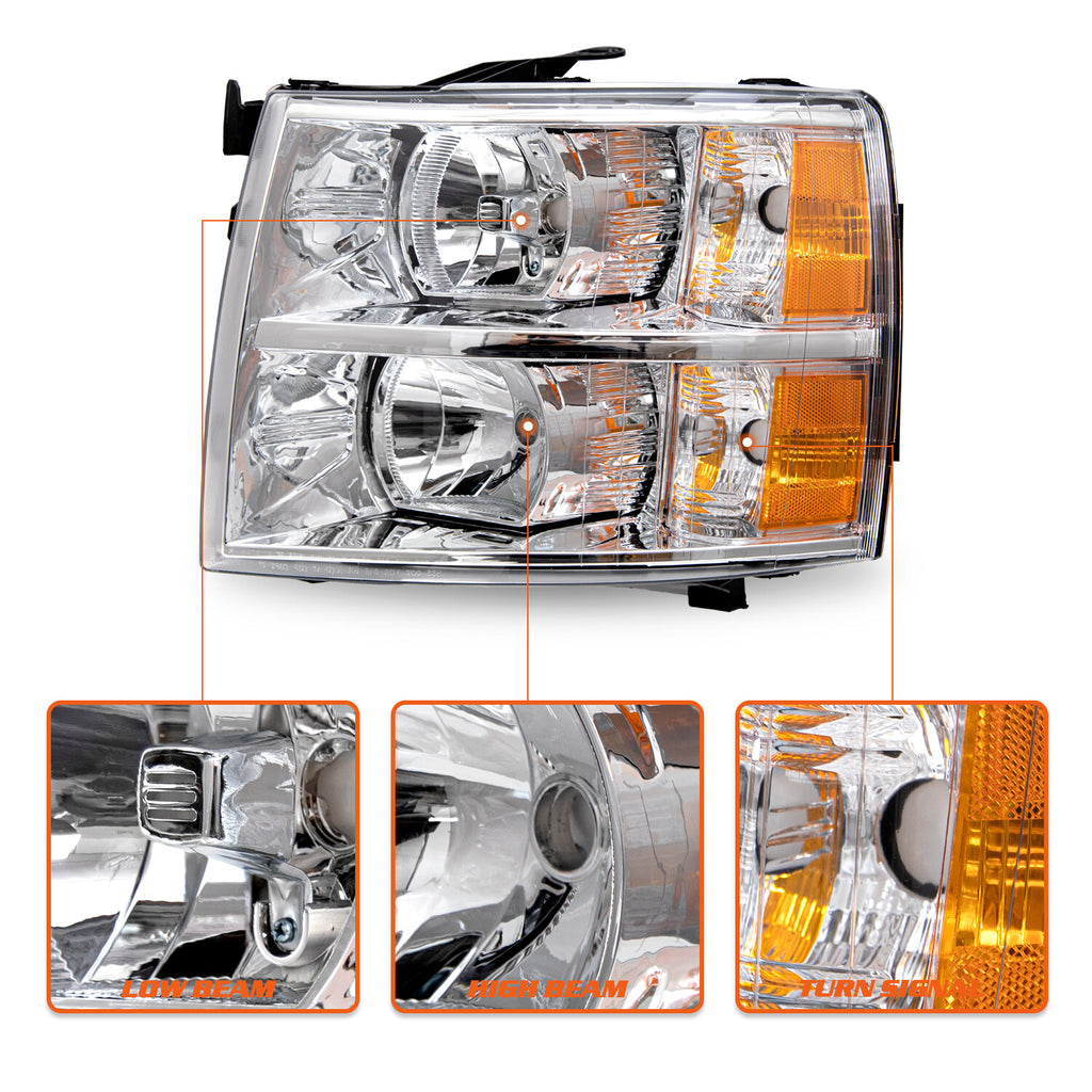 For 2007-2014 Chevy Silverado 1500 2500HD 3500HD Chrome Housing Headlights LH+RH