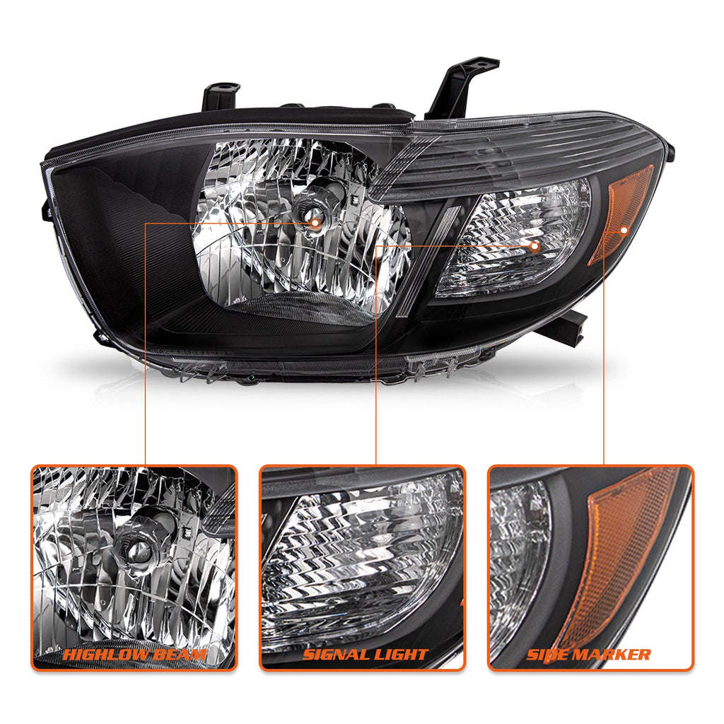For 2008 2009 2010 Toyota Highlander Black Housing Headlights Lamps L+R Pair
