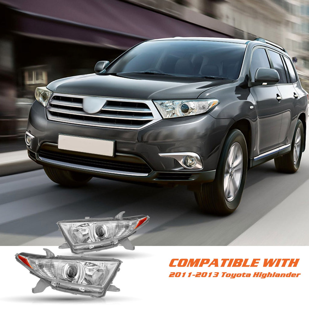 For 2011-2013 Toyota Highlander Chrome Headlights Amber Corner Left+Right Lamps