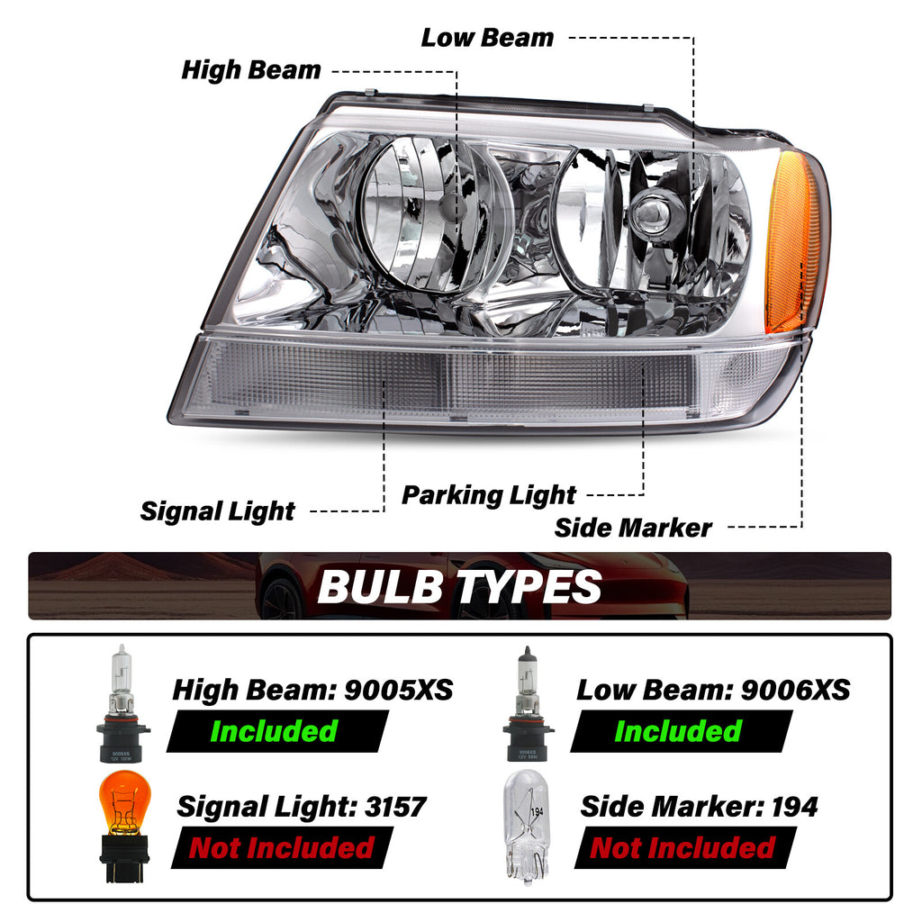 Pair Headlights For 1999-2004 Jeep Grand Cherokee Chrome Headlamps w/ Bulbs