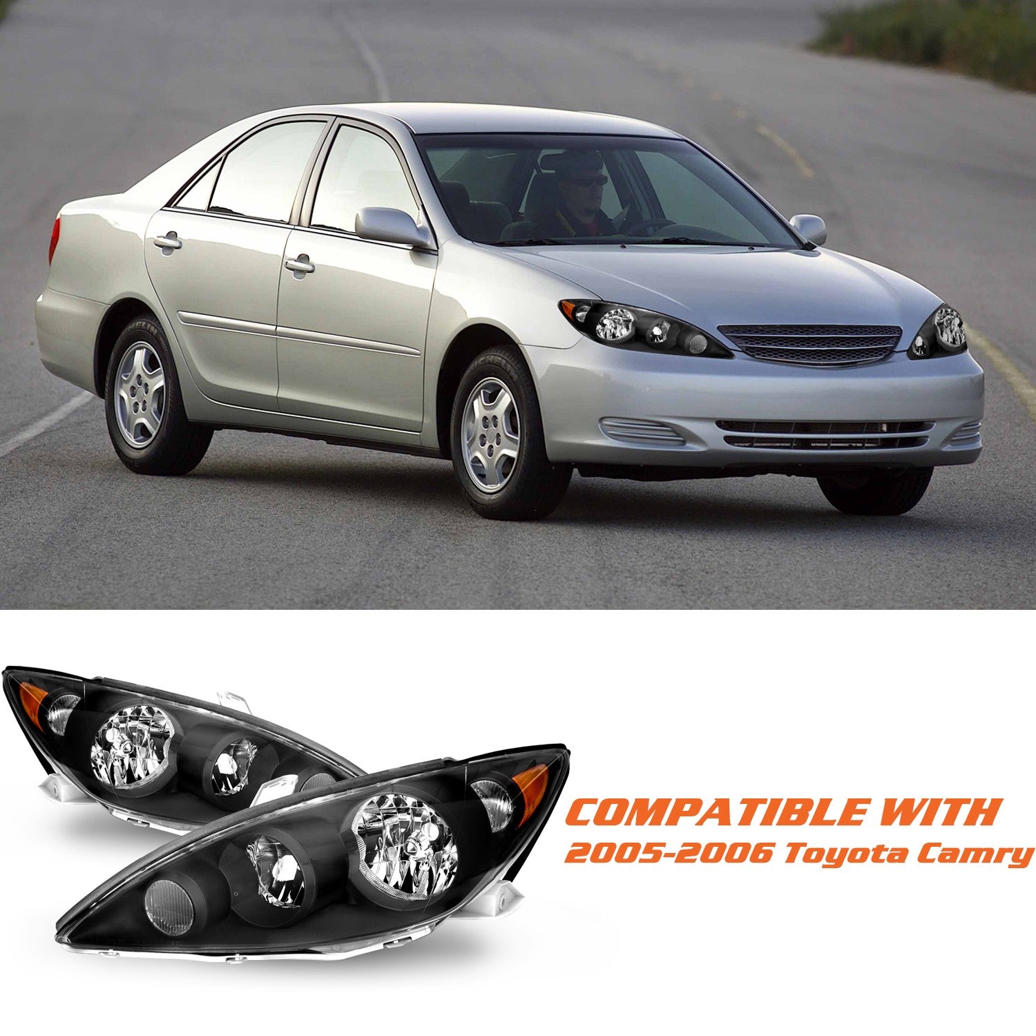 Headlights Fits 2005-2006 Toyota Camry Replacement Headlamps Left+Right w/Bulbs