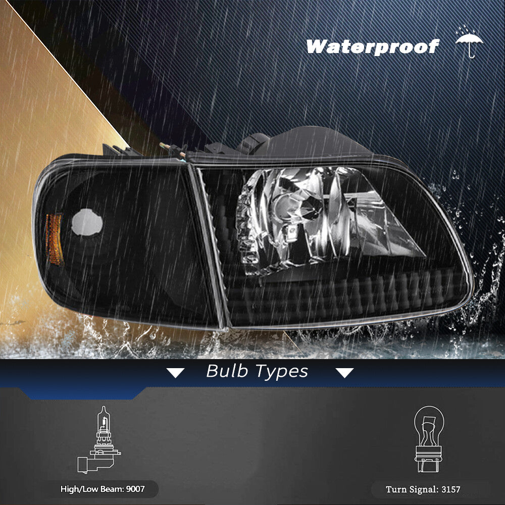 For 1997-2003 Ford F150 Expedition Black Headlights+Corner Signal Lamps W/Bulbs