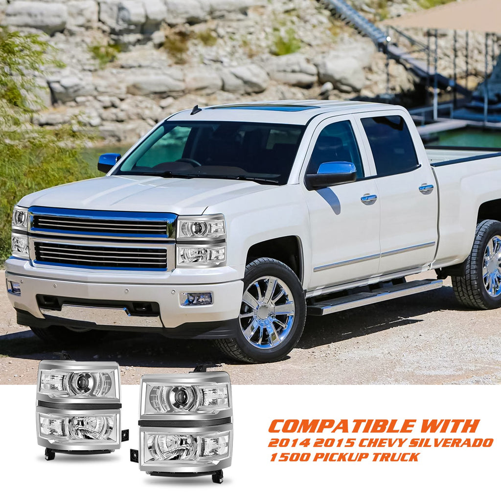 Chrome Projector Headlights For 2014-2015 Chevy Silverado 1500 Trim Headlamp w/B