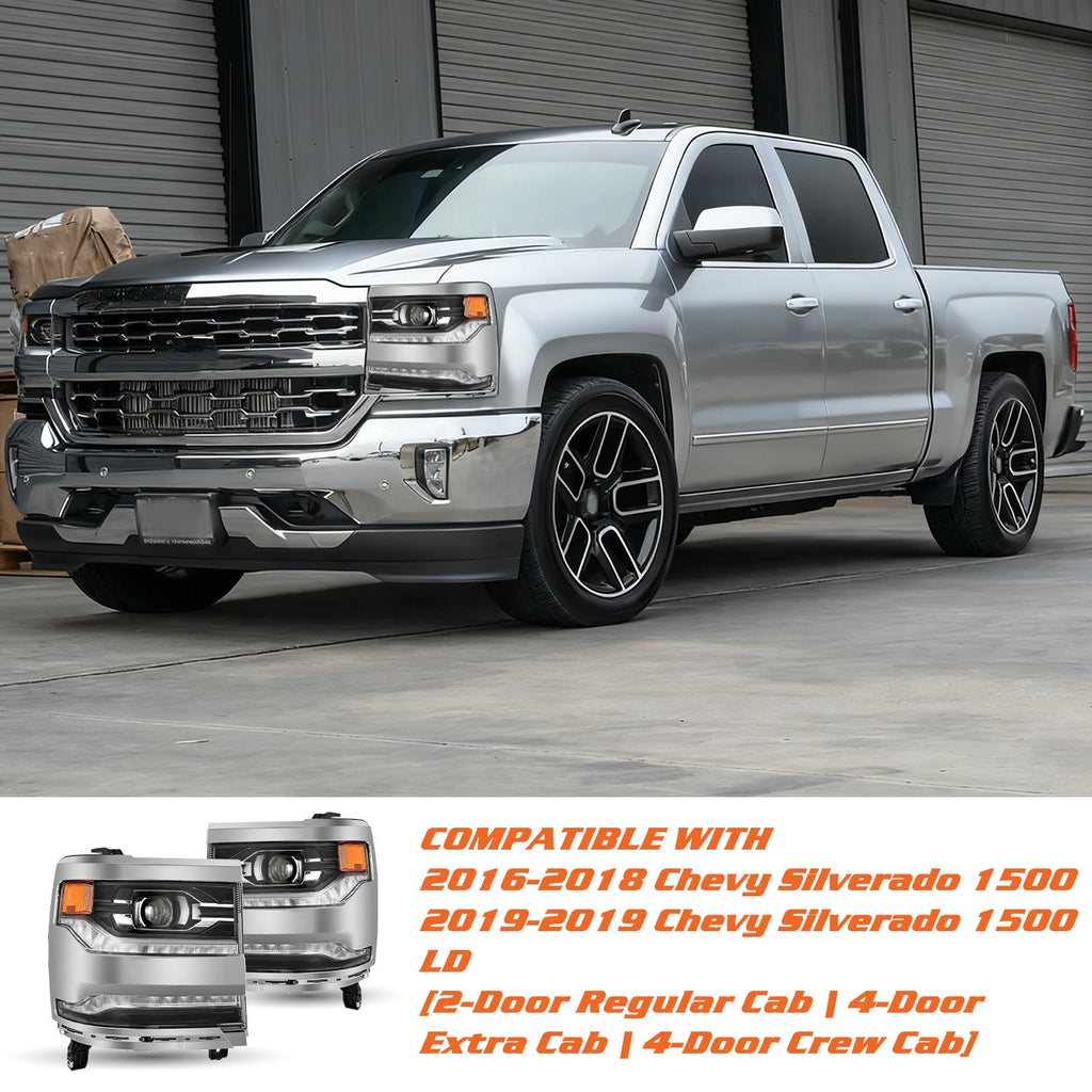 【FULL LED】Chrome Projector Headlights For 2016-2018 Chevy Silverado 1500 LH&RH