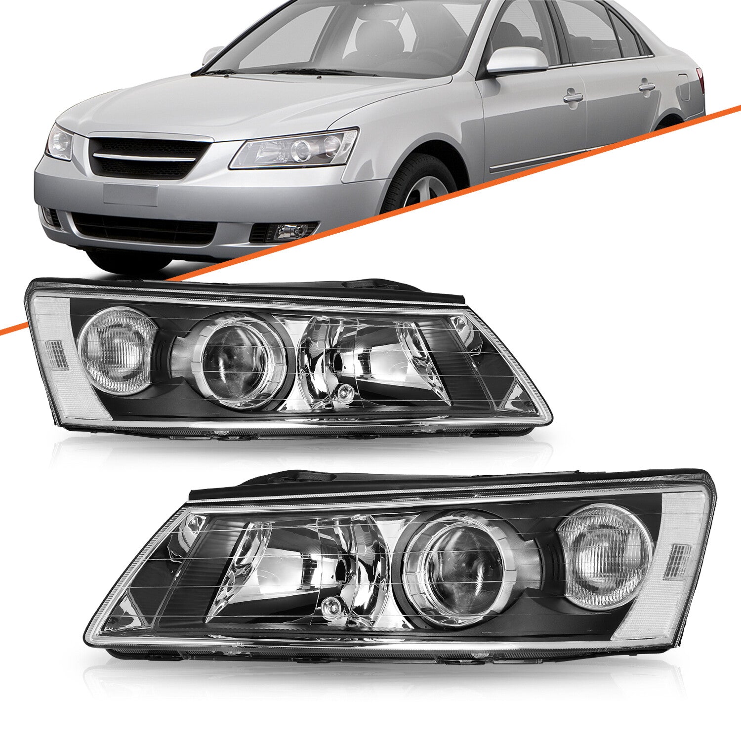 For 06-08 Hyundai Sonata Left & Right Black Pairs Headlights Assembly Headlamps