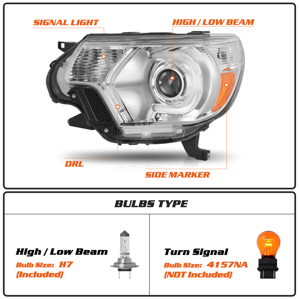 For 2012-2015 Toyota Tacoma LED DRL Tube Chrome Headlights Headlamps Left+Right