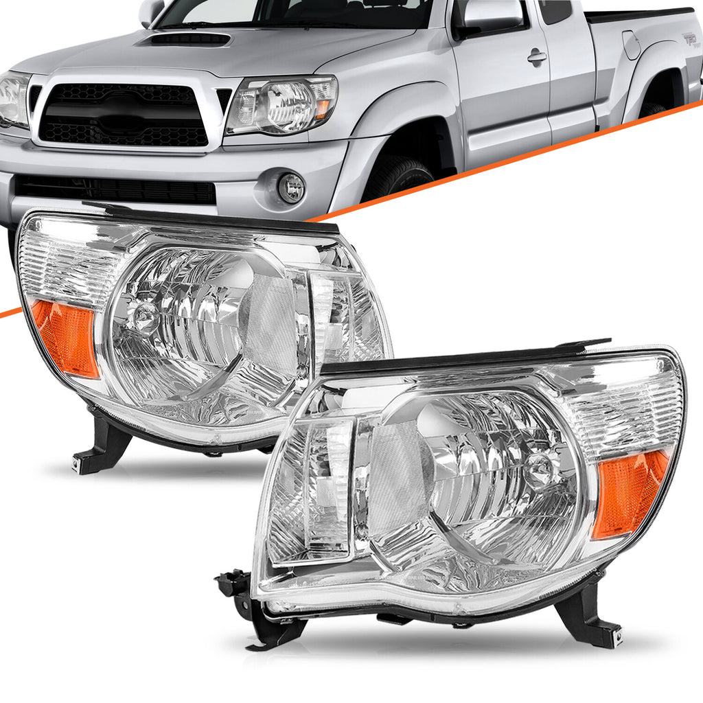 For 2005-2011 Toyota Tacoma Chrome Headlights Assembly Amber L+R Lamps Pair