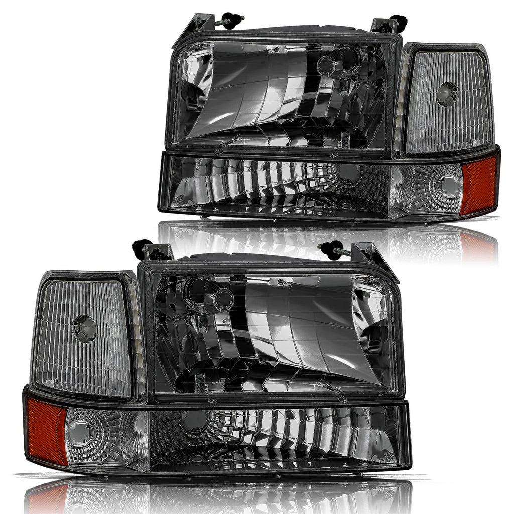 For 1992-1996 Ford F150 F250 F350 Bronco Smoke Headlights w/Corner Signal Lamps