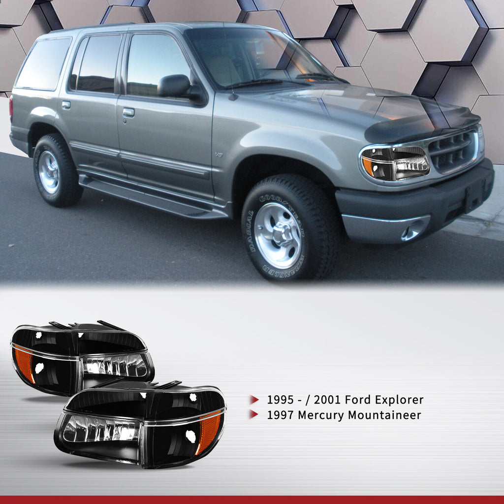 For 1995-2001 Ford Explorer Black Housing Amber Corner Headlights Lamps W/Bulbs