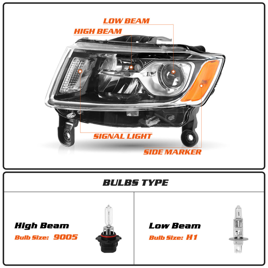 Left Driver Headlight For Jeep Grand Cherokee 2014-16 Halogen HeadLamp Assembly