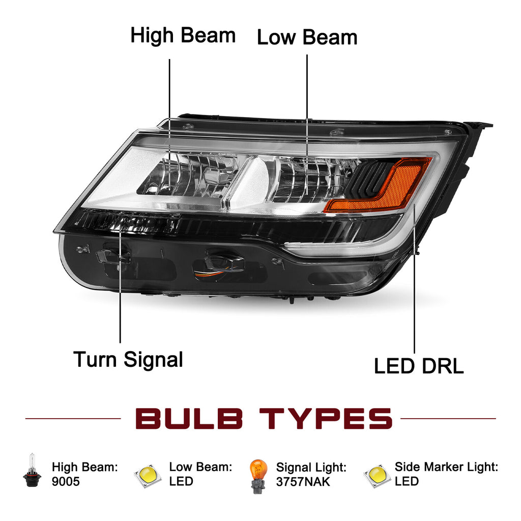Halogen Right&Left For 2016-2019 Ford Explorer Sport Headlight W/LED DRL Chrome