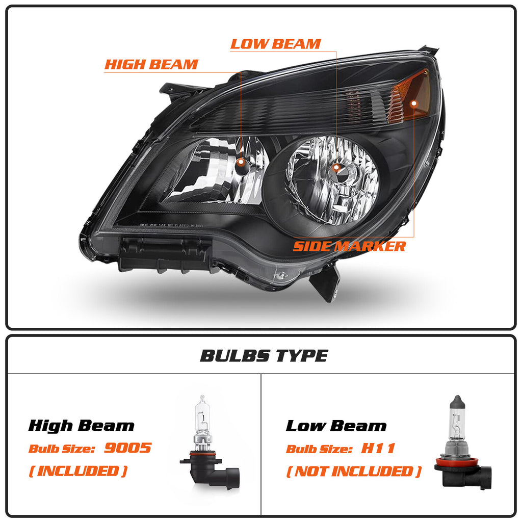 For 2010-2015 Black Chevy Equinox LS / LT Halogen Headlights Left+Right w/Bulbs