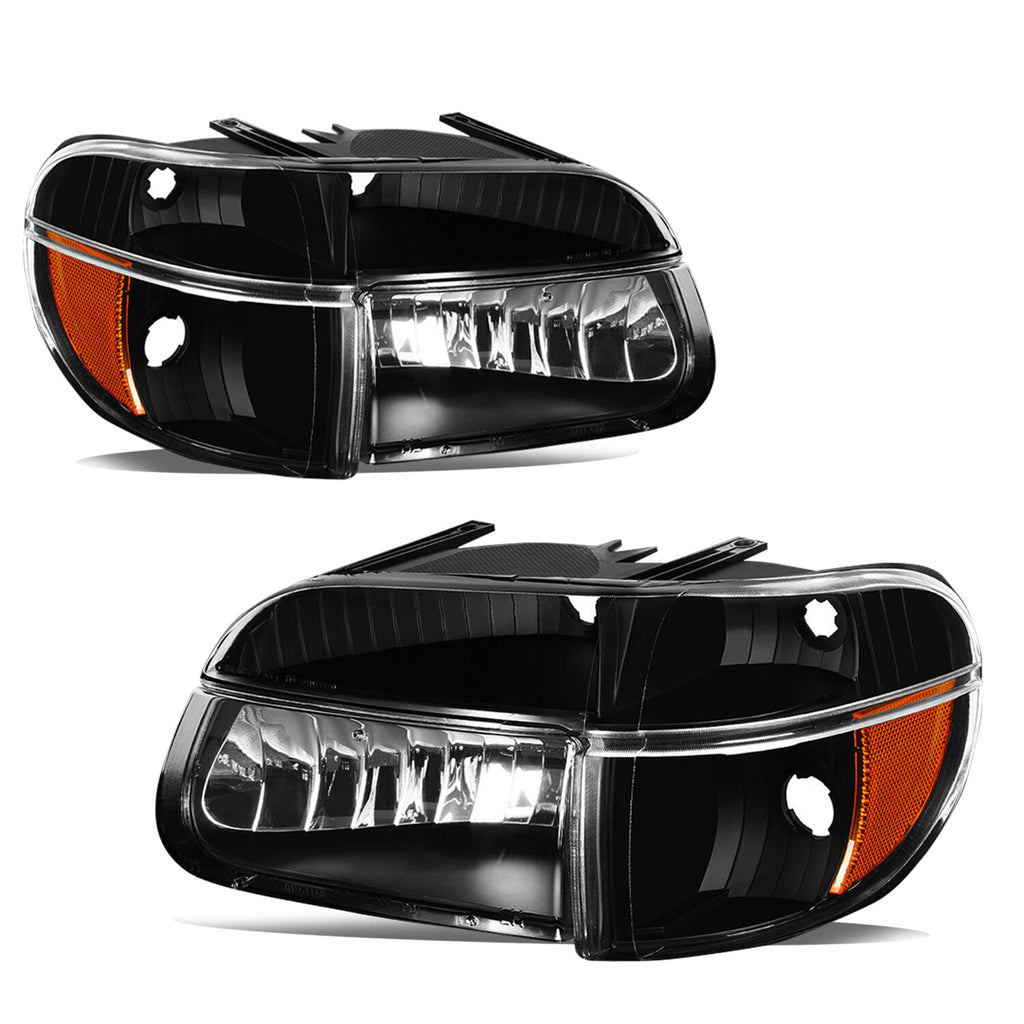 For 1995-2001 Ford Explorer Black Housing Amber Corner Headlights Lamps W/Bulbs