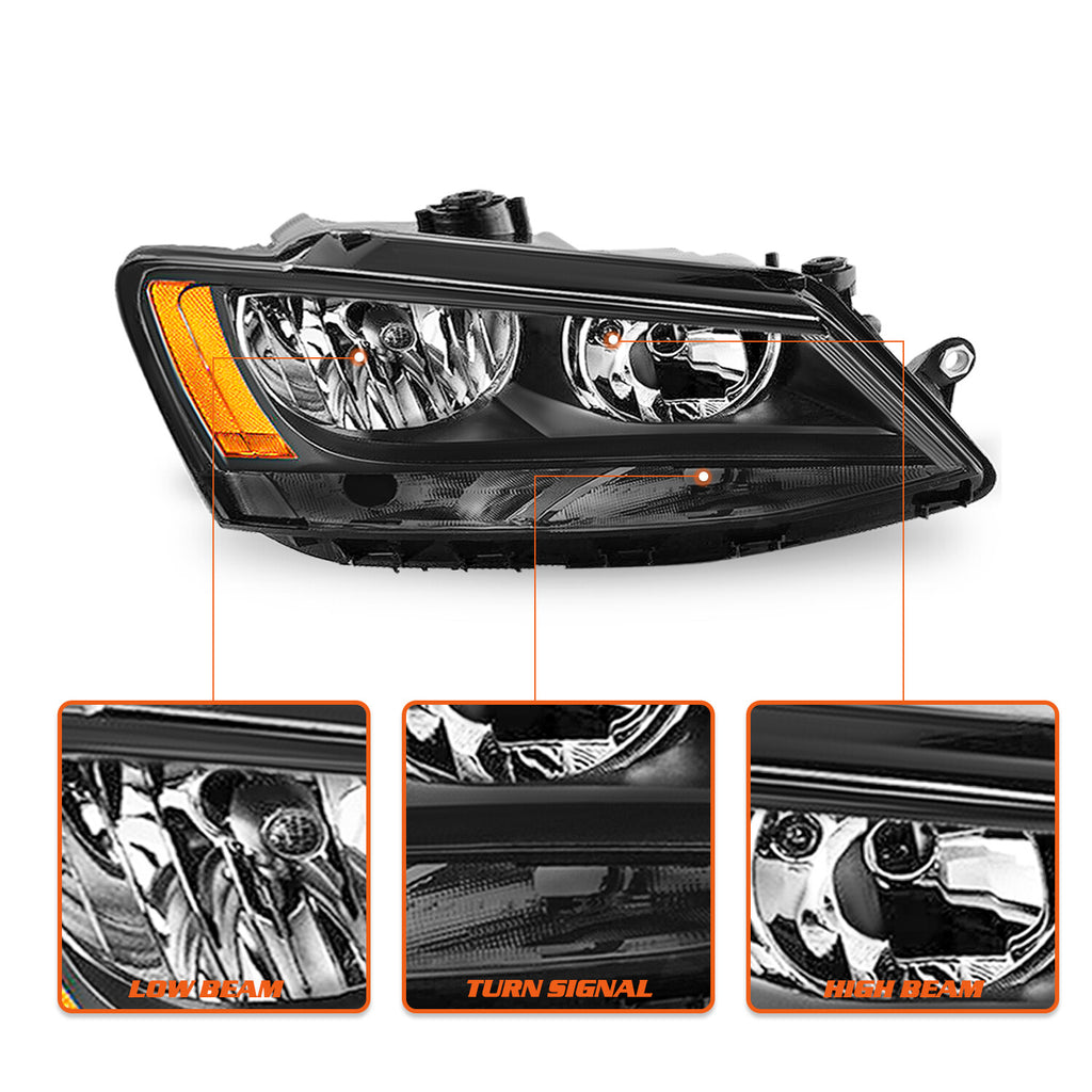 Black Amber Headlights Headlamps Assembly For 2011-2018 Volkswagen Jetta LH+RH