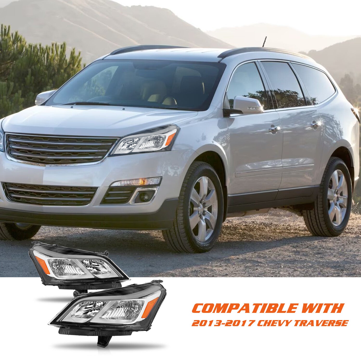 Pair For 2013-2017 Chevy Traverse Headlights Chrome Headlamps LH+RH Sets 13-17