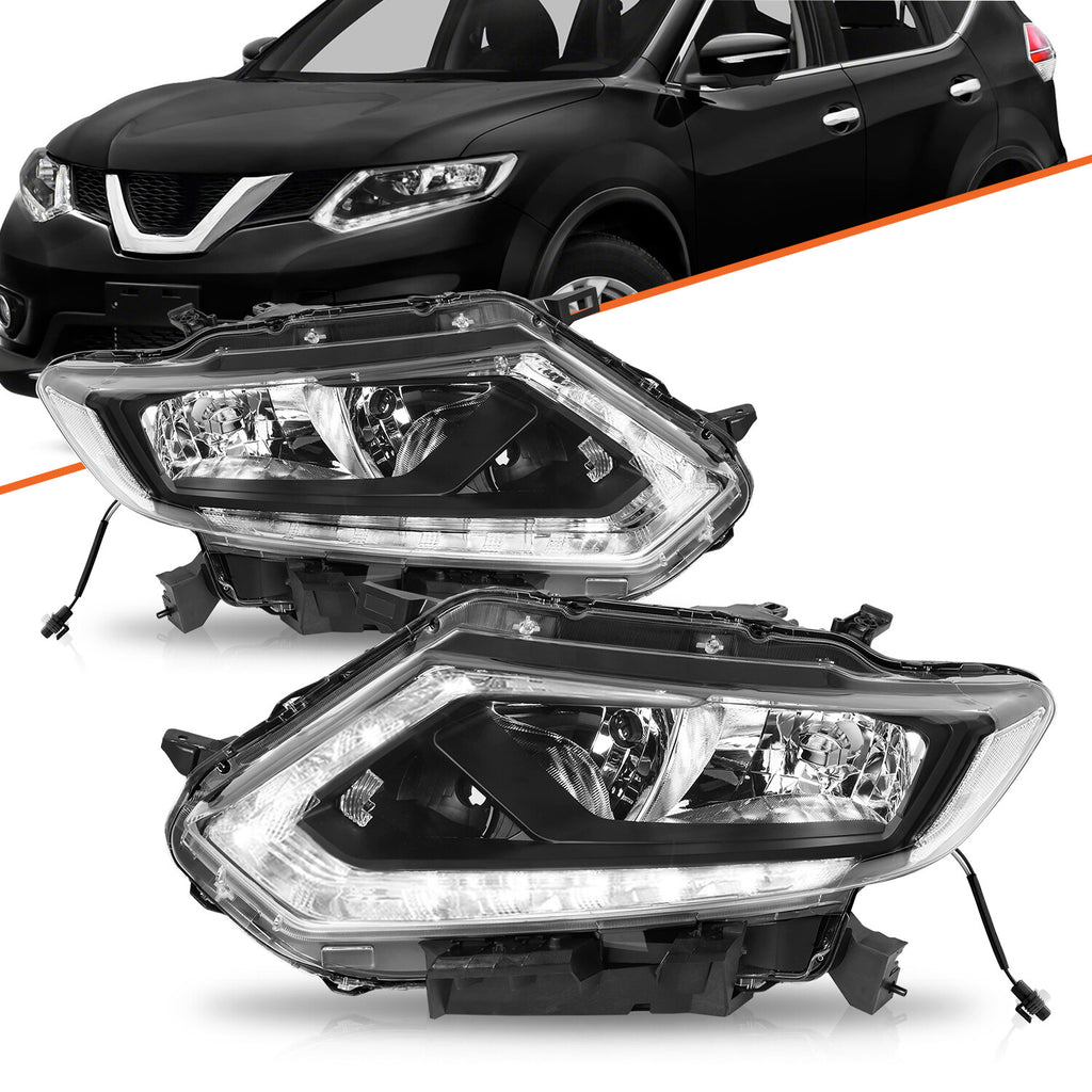 For 2014 2015 2016 Nissan Rogue Halogen LED DRL Black Headlights Assembly Lamps