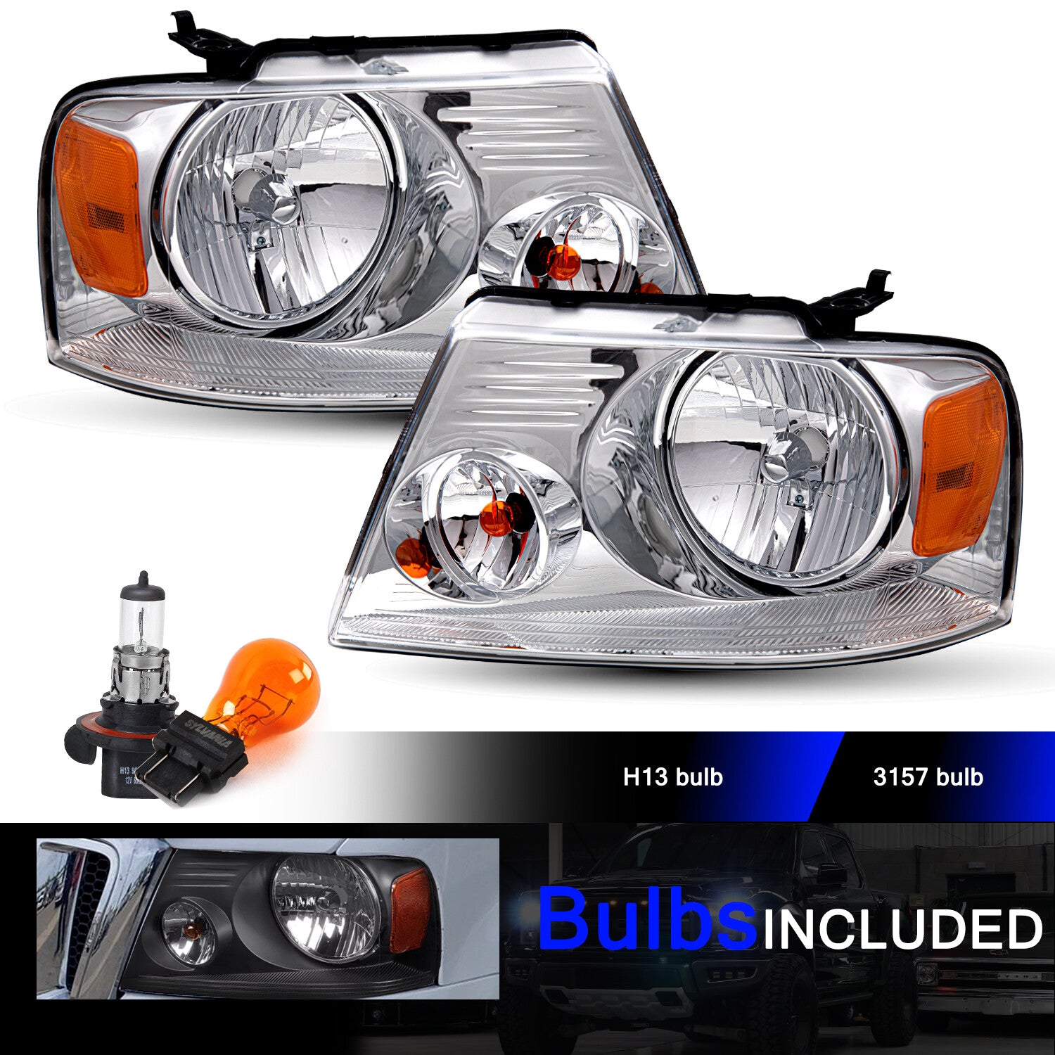 For 2004-2008 Ford F-150 F150 Halogen Chrome Housing Headlights LH+RH W/Bulbs