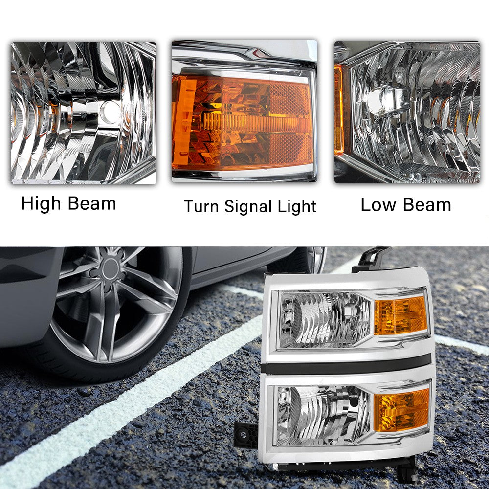 Chrome Amber Headlights For 2014-2015 Chevy Silverado 1500 Headlamp Left & Right