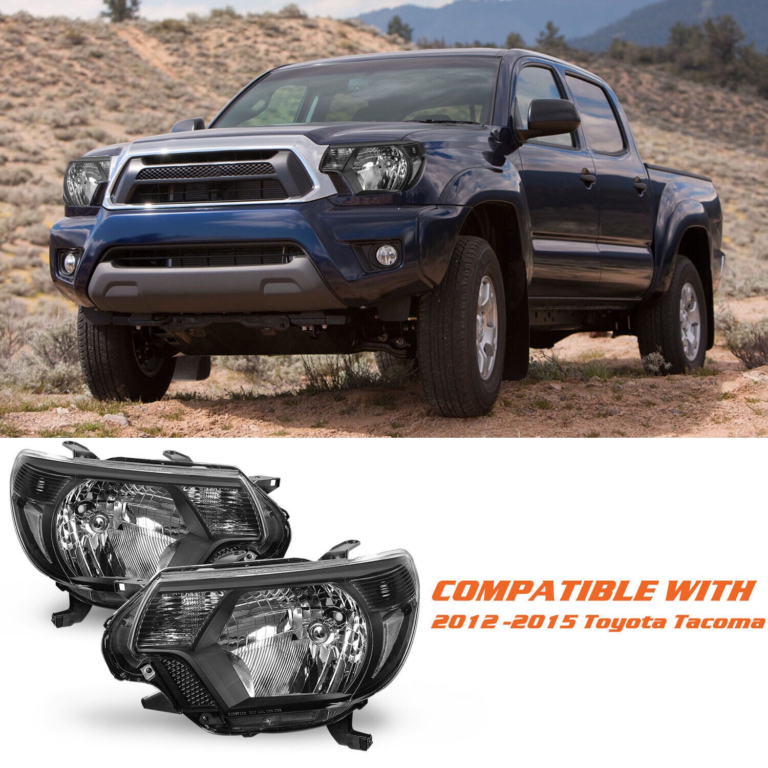 For 2012-2015 Toyota Tacoma Pickup Black Headlights Clear Corner Headlamps Pair